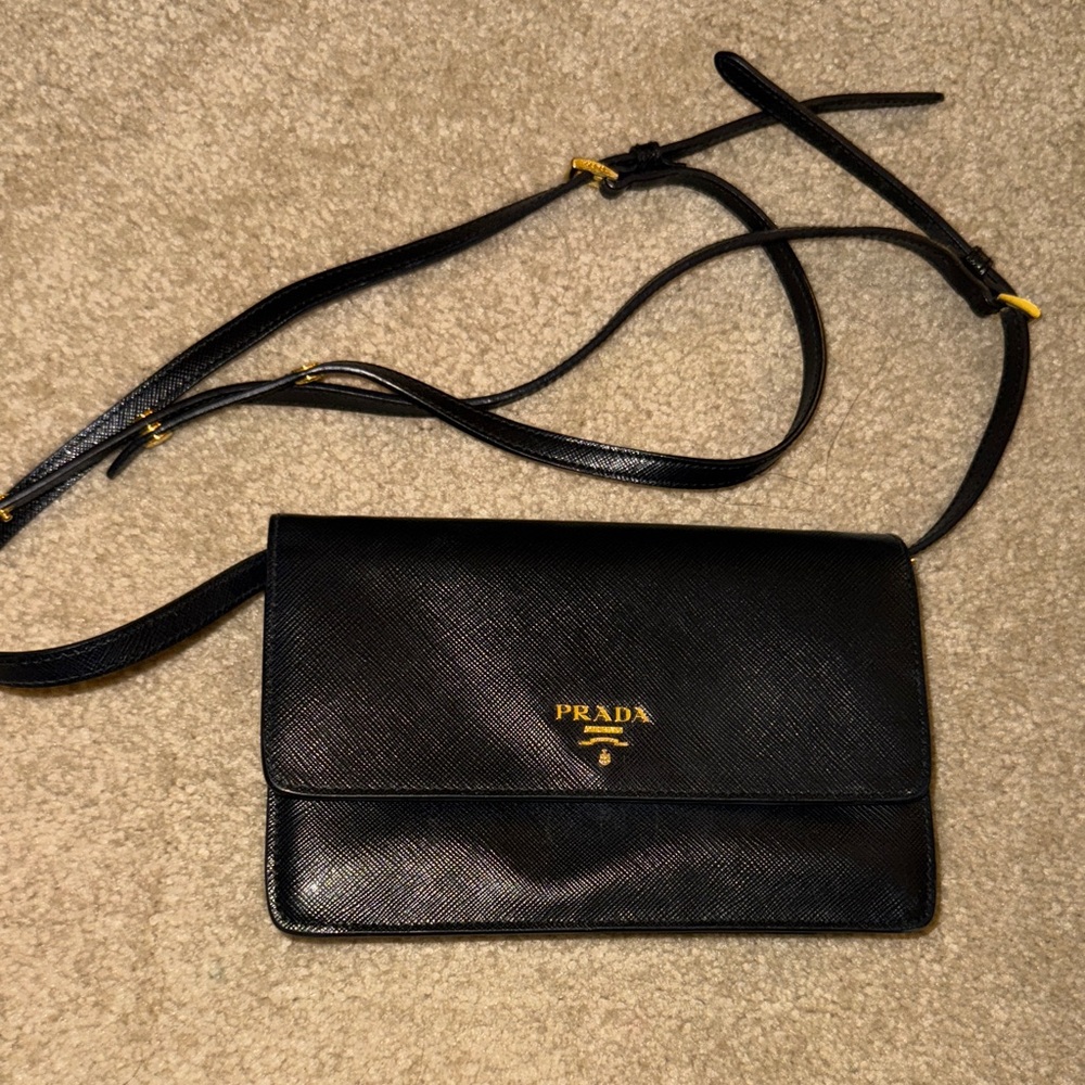 Prada Black Leather Shoulder Bag with Gold Accents